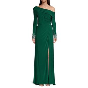 Mac Duggal Asymmetric Neck Long Sleeve Jeweled Emerald Green Formal Gown Size 10